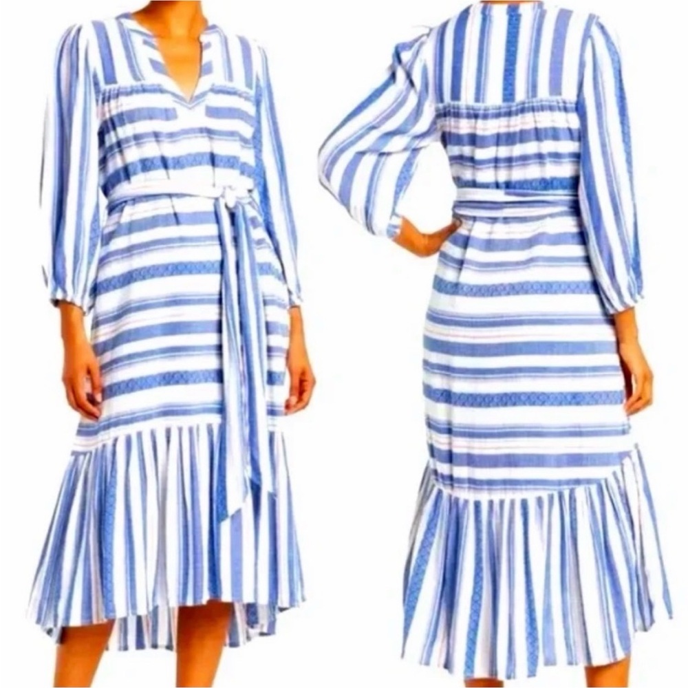 dRA Jenwin Textured Striped Blue and White Long Sleeve Dress